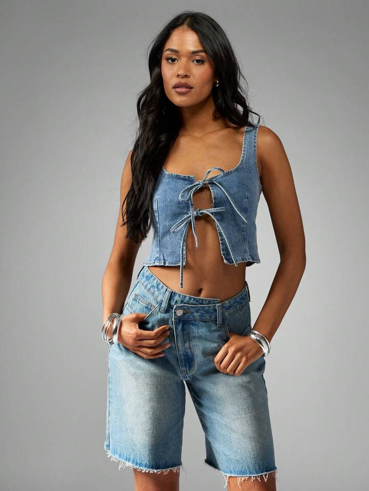 MISSGUIDED Y2K Inspired Denim Corset Top With Double Tie Front Festival Ready Cropped Tank Summer... | SHEIN