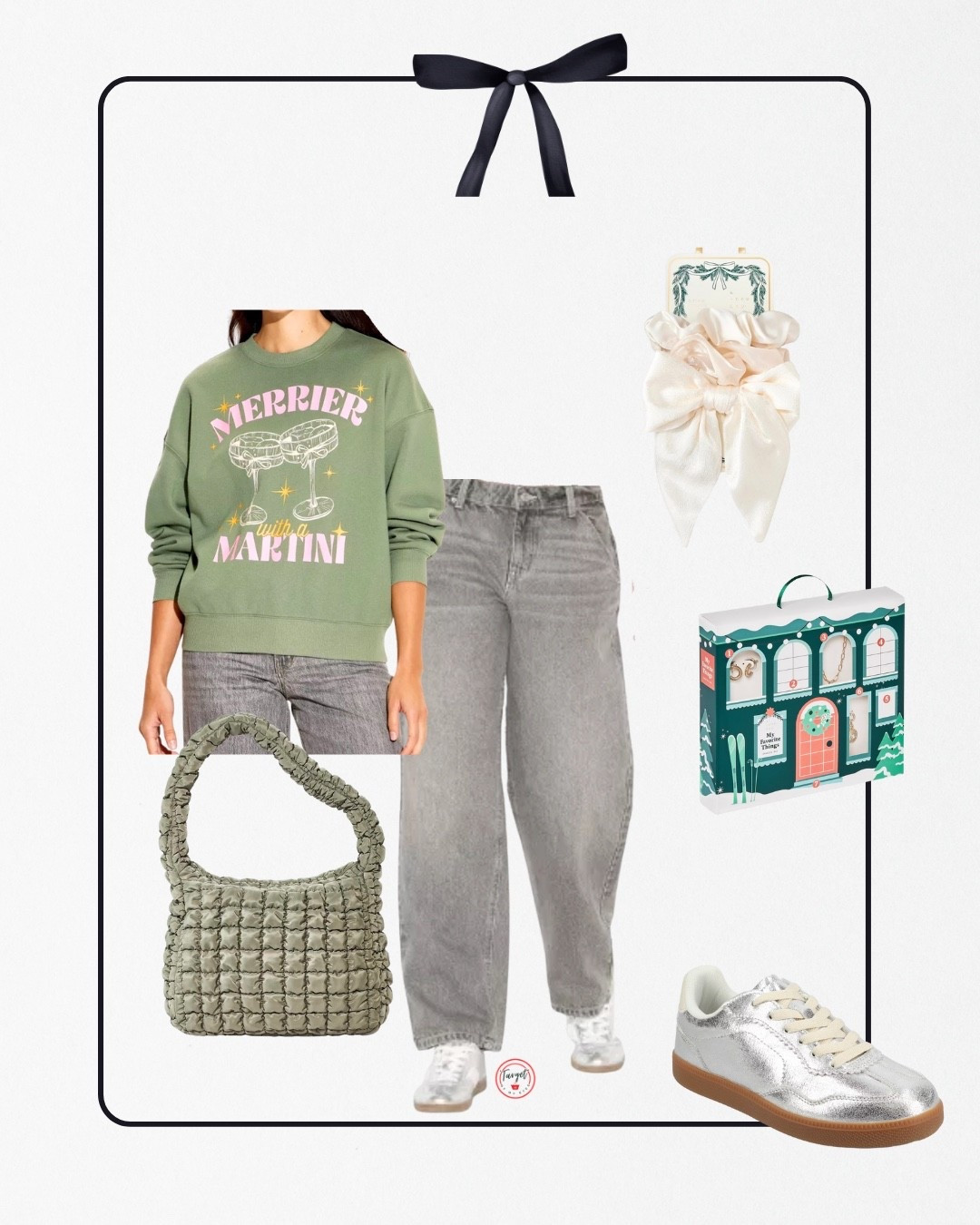 Target Style Holiday Looks Graphic Sweatshirt, baggy 90s denim jeans, puffy quilted shoulder tote bag, holiday jewelry set, satin hair scrunchie set, and metallic silver sneakers #target #targetstyle #holidaylooks #newyearseve #nye

#LTKGiftGuide #LTKHome #LTKHoliday