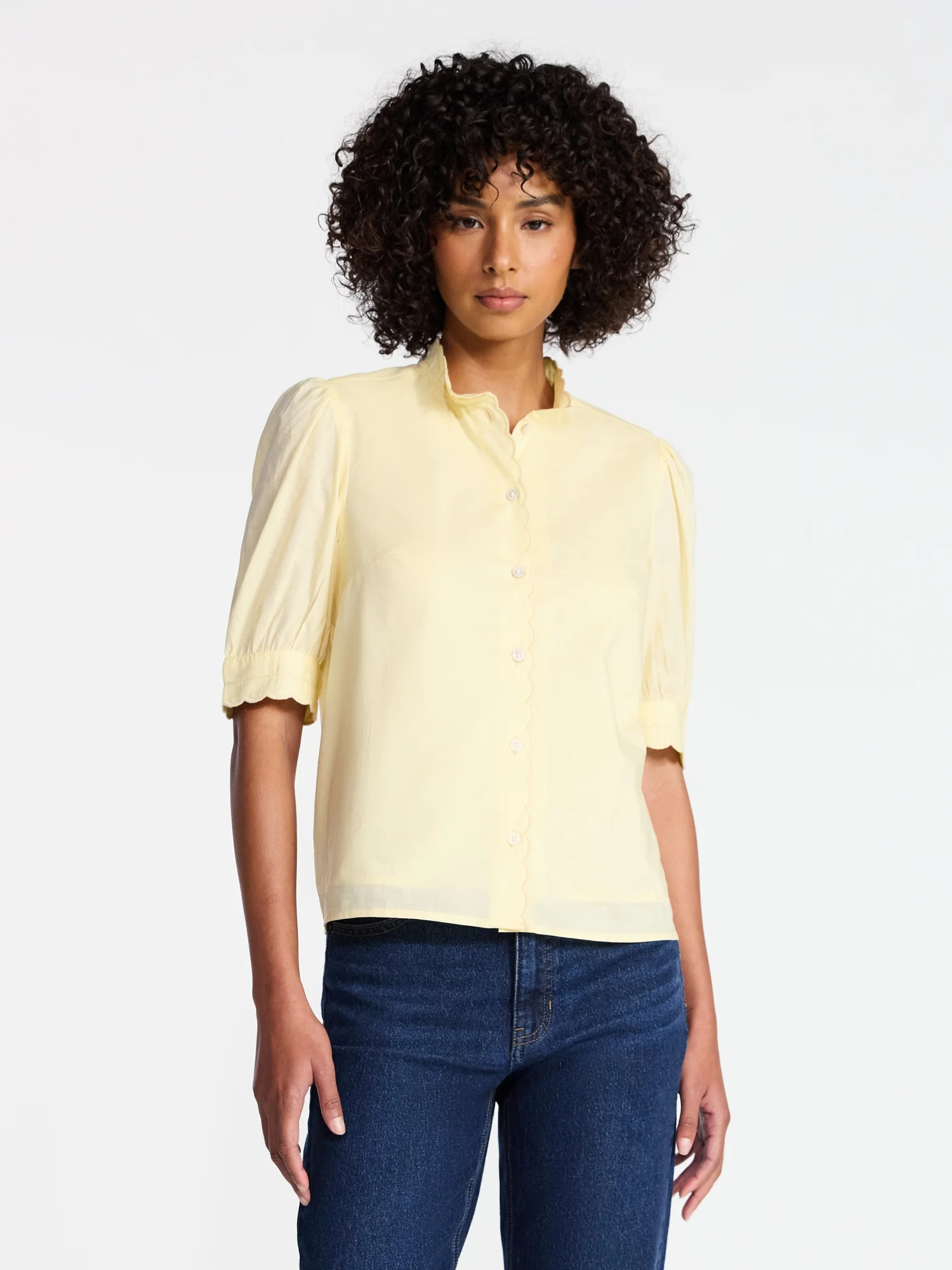 Time and Tru Women's Cotton Scalloped Edge Blouse with Short Sleeves, Sizes XS-XXXL | Walmart (US)