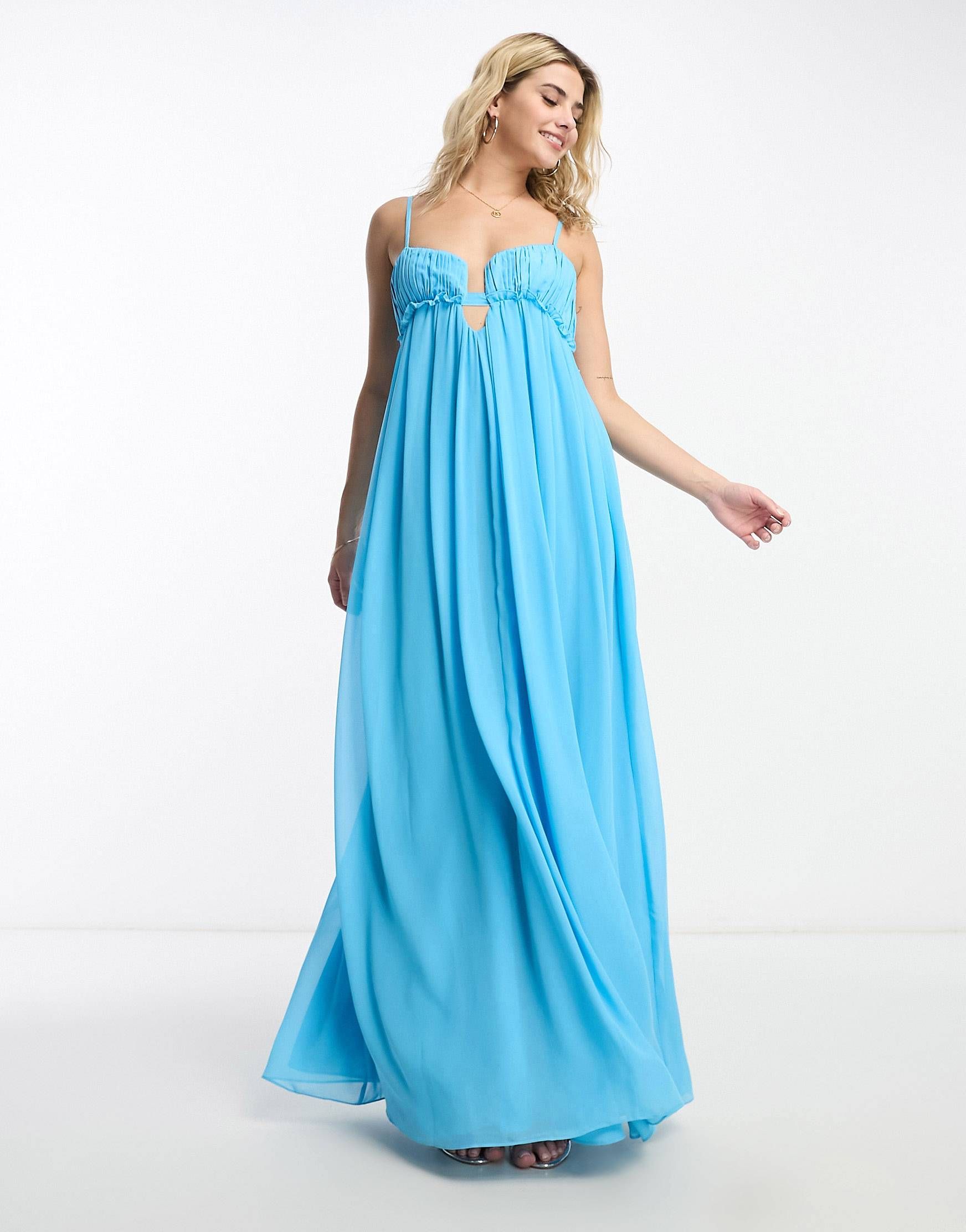 ASOS DESIGN babydoll ruched bust maxi dress in turquoise | ASOS (Global)