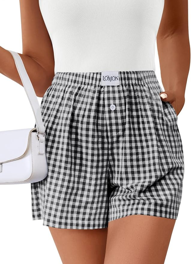 Lomon Boxer Shorts for Women Summer Gingham Pajamas 2026 Lounge Sleep Pj Plaid Shorts Y2K Beach B... | Amazon (US)