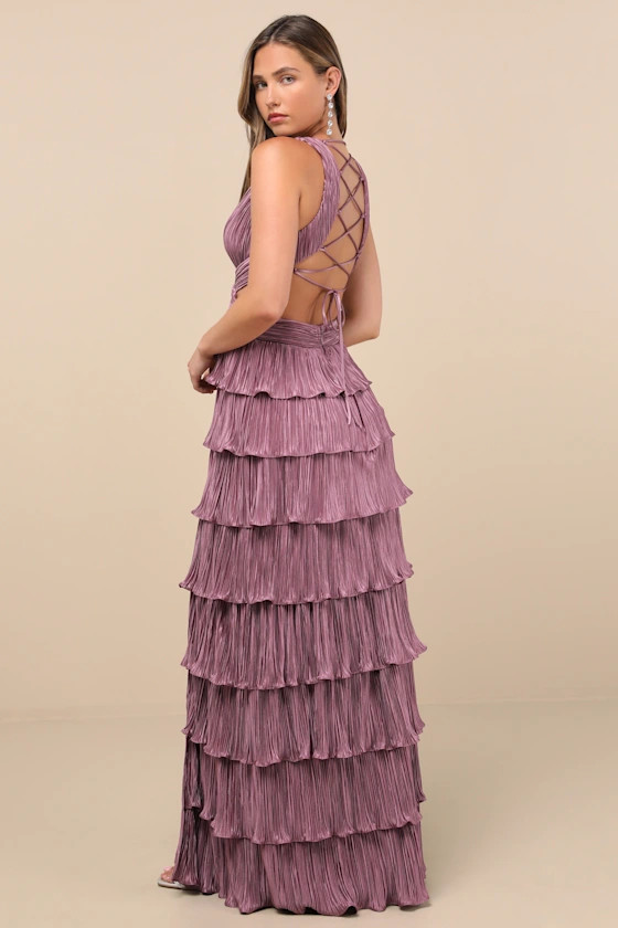 Beauty Icon Dusty Purple Satin Pleated Tiered Lace-Up Maxi Dress | Lulus