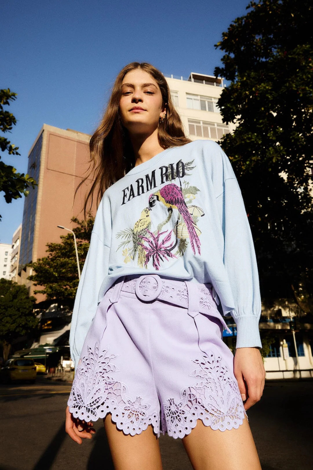 Lilac Geometric Richelieu Twill Belted Shorts | FARM Rio | FarmRio (US)