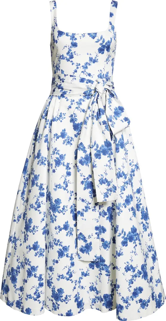Floral Print Belted Faille Midi Dress | Nordstrom