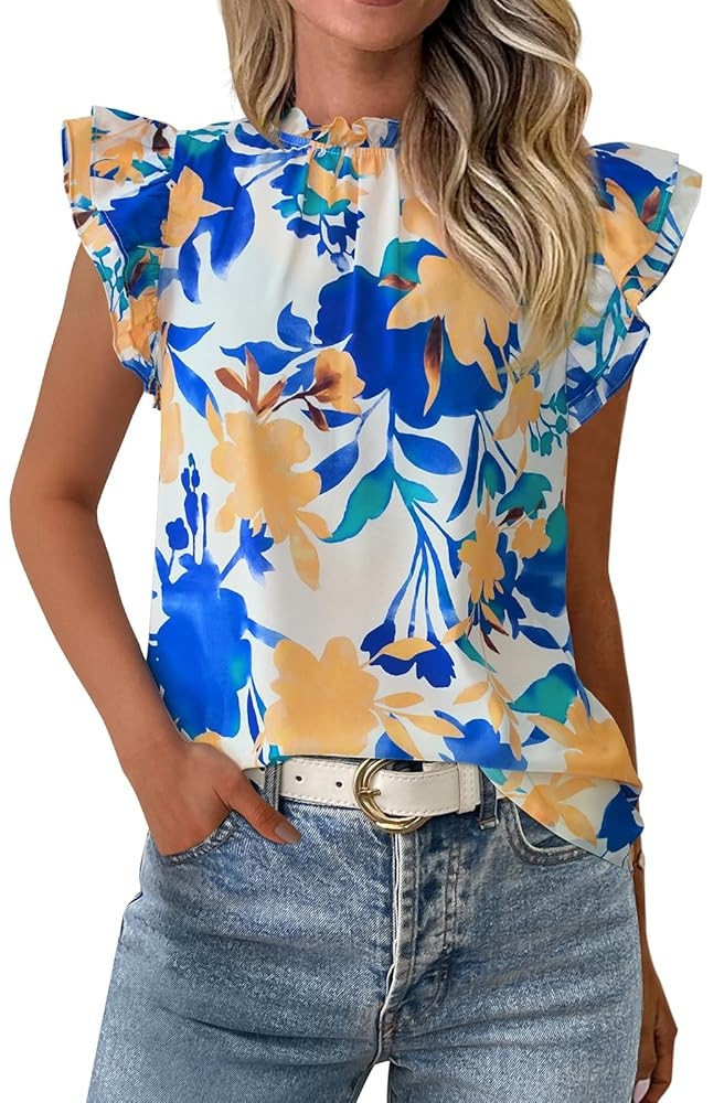 PRETTYGARDEN Women's Ruffle Short Sleeve Summer Tops 2025 Trendy Floral Trim Neck Casual Dressy C... | Amazon (US)