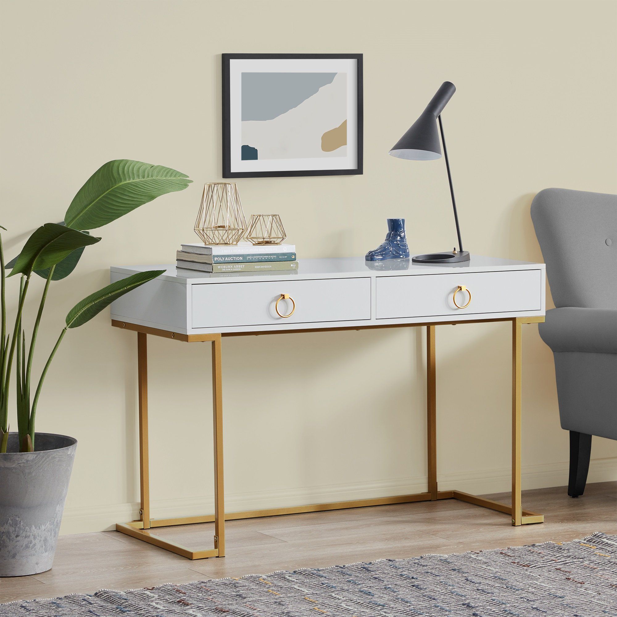 BELLEZE Home Office Two-Drawers Computer Desk Vanity Table, Wood And Metal, White and Gold | Walmart (US)