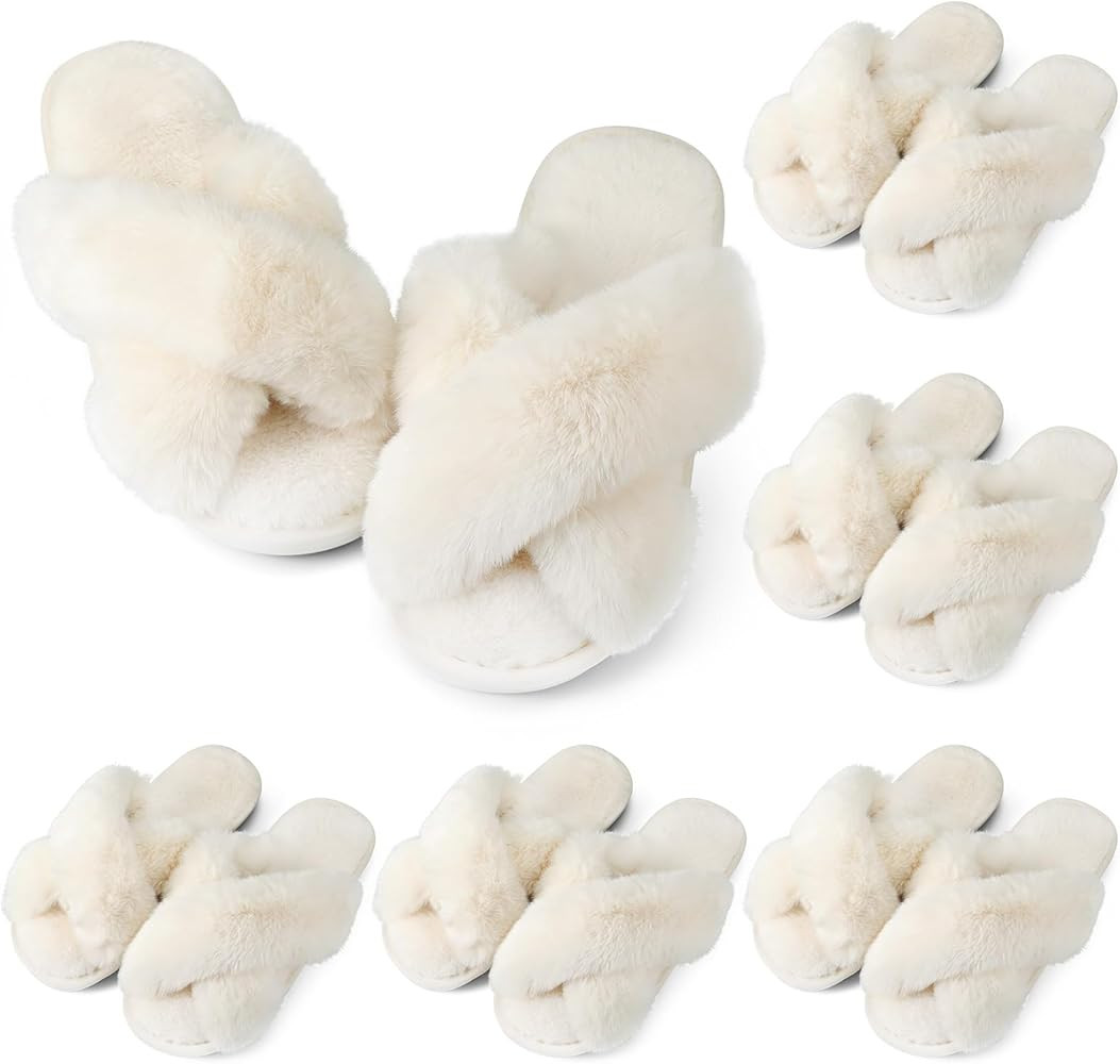 Toulite 6 Pairs Wedding Bridesmaid Slippers Women Fluffy Open Toe Slippers Fuzzy Plush House Slip... | Amazon (US)
