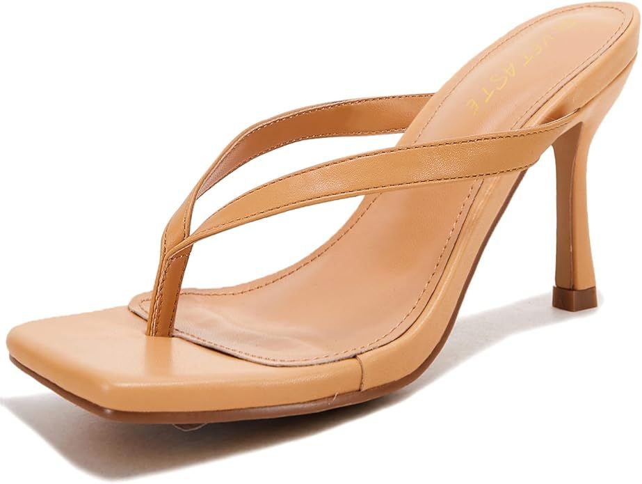 VETASTE Womens Kitten Thong Heels Square Toe Heeled Flip Flops Mule Stiletto Dress Party Sandals | Amazon (US)