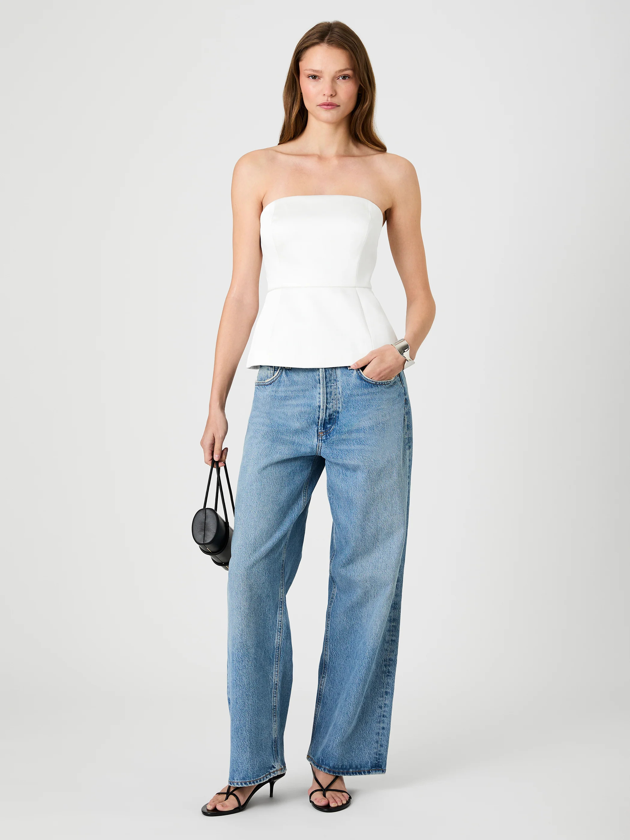 YORK SATIN STRAPLESS PEPLUM TOP | French Connection (US)