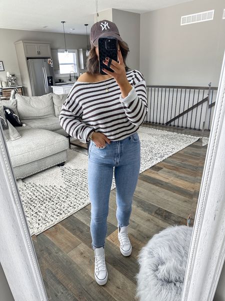 Sweater — medium
Jeans — 25

High waisted skinny jeans | striped sweater | oversized sweater | ots sweater | off the shoulder sweater | platform converse | white leather sneakers | white leather converse | brown baseball hat | casual outfit ideas 



#LTKstyletip #LTKunder50 #LTKshoecrush