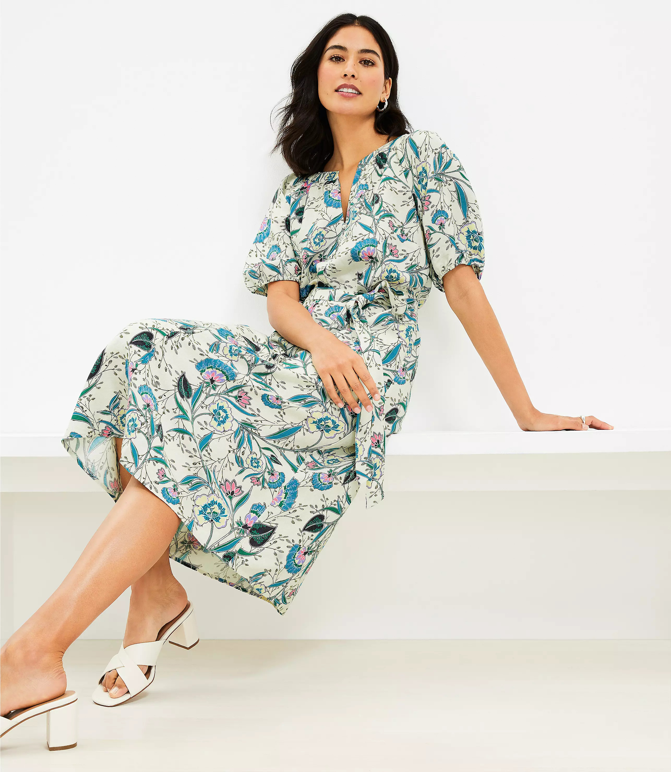 Floral V-Neck Puff Sleeve Midi Dress | LOFT