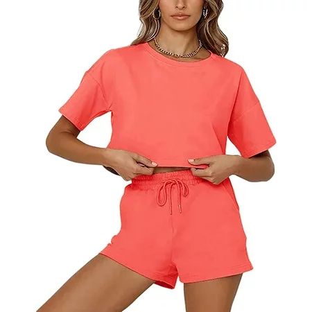Borke Womens 2 Piece Short Sleeve Sweatsuit Sets V-neck Pullover and Shorts Solid Color Outfits Trac | Walmart (US)