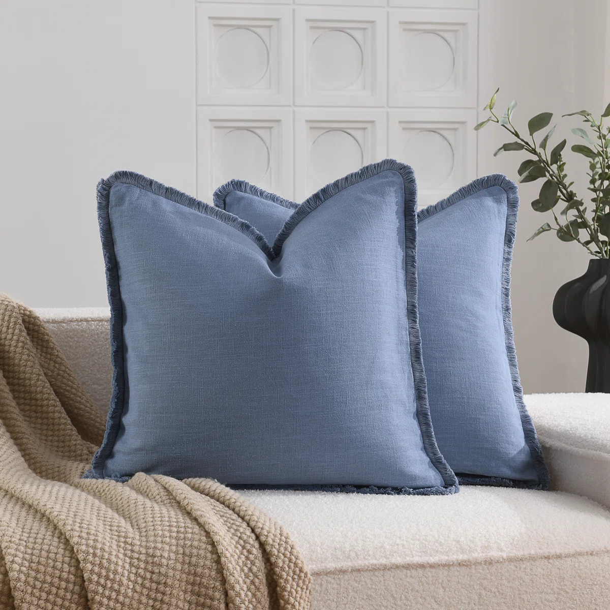 Washed Linen Textured Boho Farmhouse Pillow Cover With Tassels Edge (Set of 2) | Wayfair North America