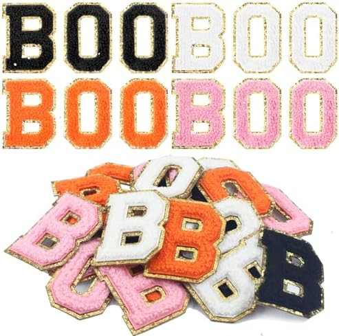 Watersay 24 Pcs Halloween Boo Iron on Patches Sew on Chenille Letter Patches Self Adhesive Glitte... | Amazon (US)