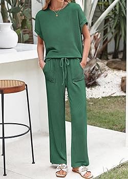 KIRUNDO 2 Piece Sets for Women Dressy Casual Ribbed Knit Short Sleeve Tops Wide Leg Pants Lounge ... | Amazon (US)