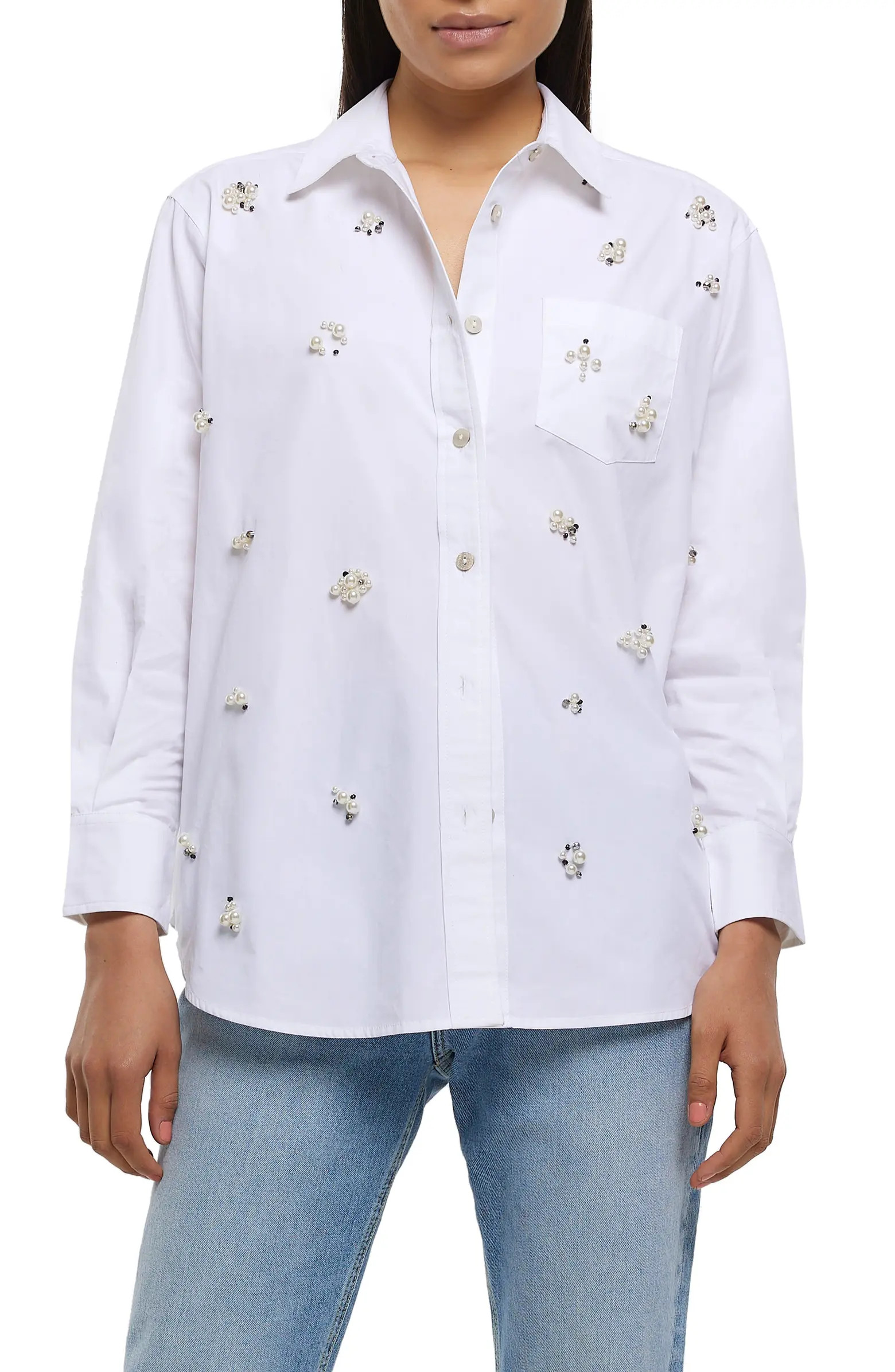 Imitation Pearl Cotton Button-Up Shirt | Nordstrom
