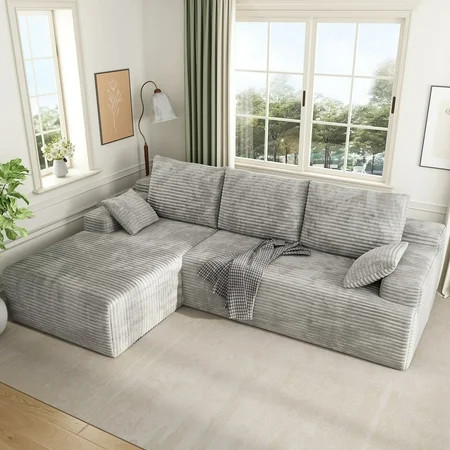 104" Cloud Sectional Couch with L-Shape Chaise, Modern Modular Sofa with Deep Seat, Upholstered Couches with Back Cushion for Living Room Bedroom, No Assembly Required, White Grey (Corduroy Fabric) | Walmart (US)