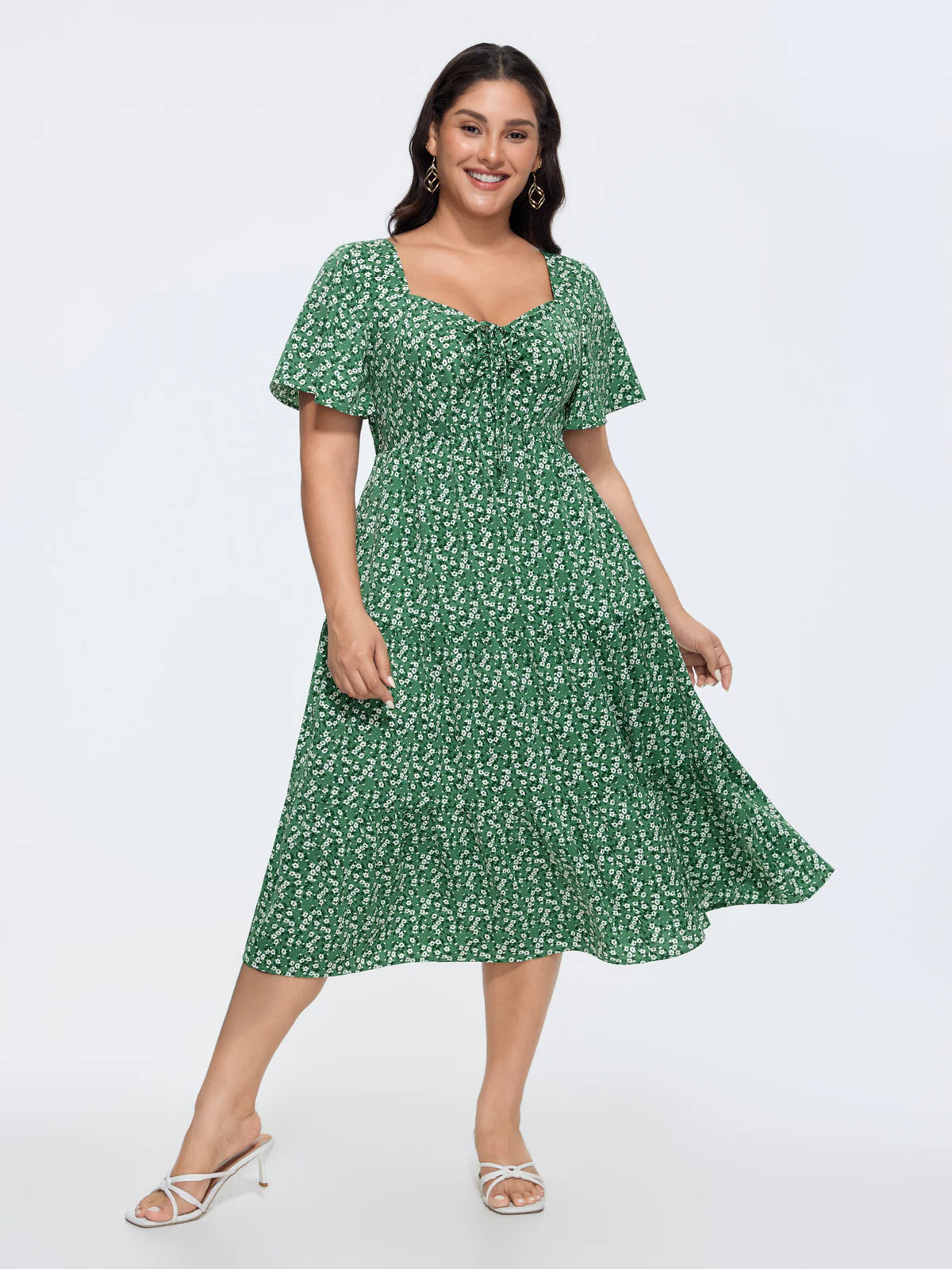 Ditsy Floral Sweetheart Drawstring Pocket Tiered Dress | Bloomchic