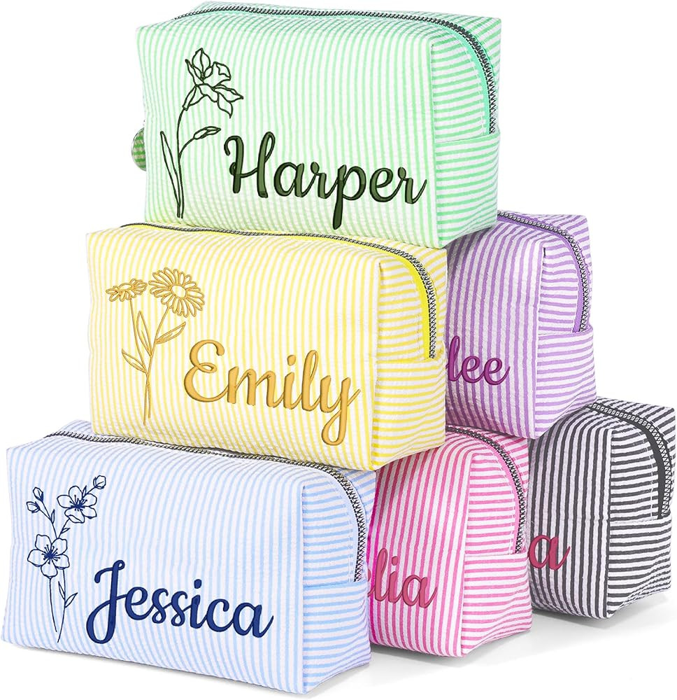 Personalized Seersucker Makeup Bag with Embroidered Name,Custom Small Cosmetic Bag Travel Toiletr... | Amazon (US)