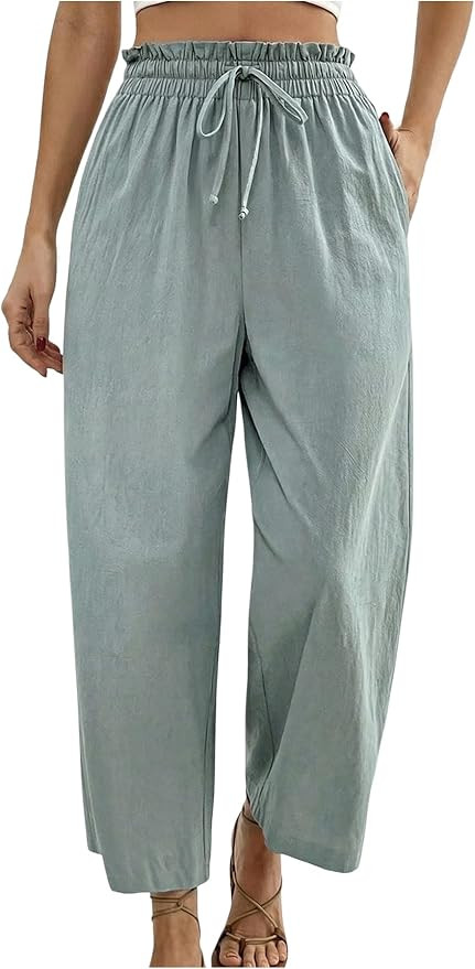 WDIRARA Women's Ruffle Trim Cropped Pants Drawstring High Waist Vacation Trousers with Pockets | Amazon (US)