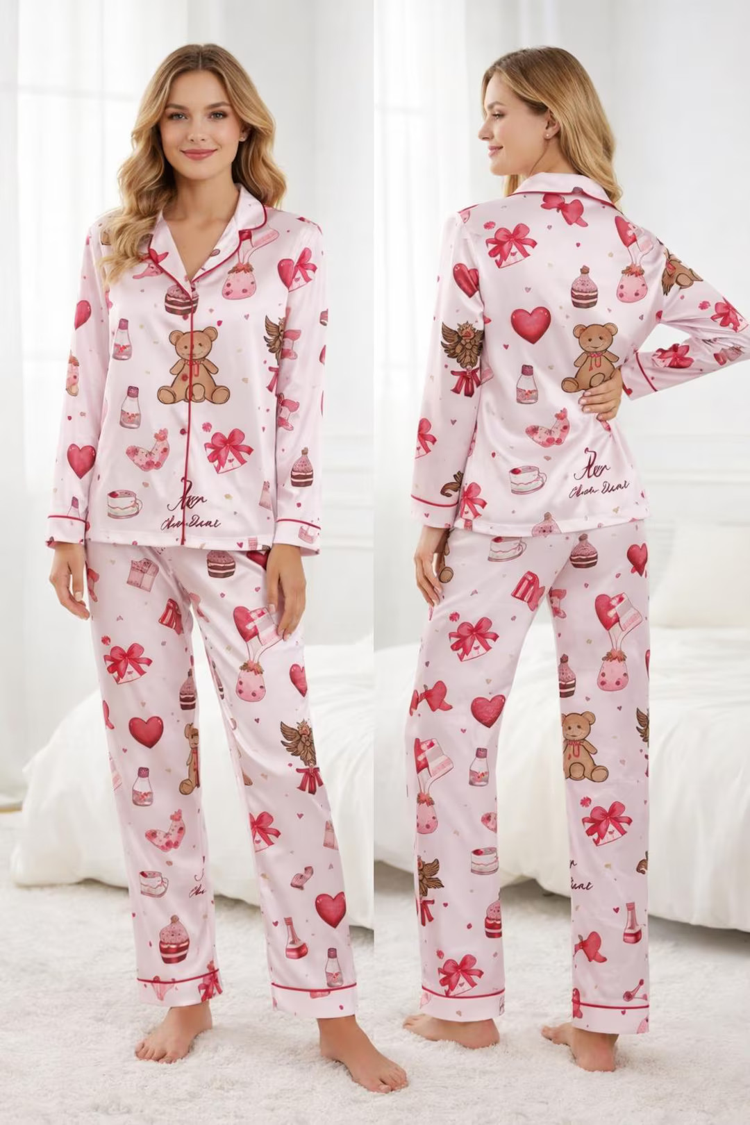 Valentine Satin Pajama Set for Women, Heart Print Button Up Sleepwear, Silky Long Sleeve Pajamas,... | Etsy (US)