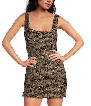 Amara Sleeveless Button Front Square Neck Sequin Tweed Vest Top | Dillard's