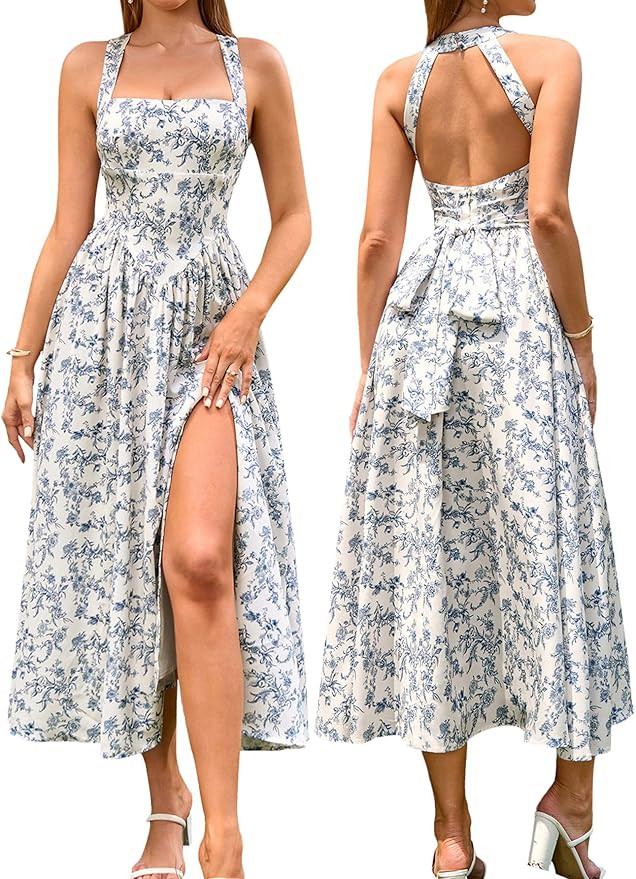 EYNMIN Floral Midi Dress Halter Neck Flowy A Line Split Lace Up Wedding Guest Dresses Casual Sund... | Amazon (US)