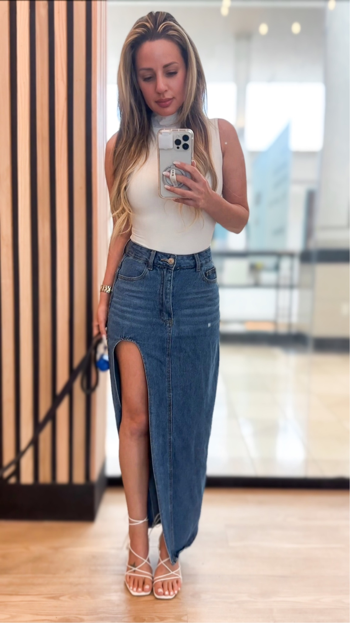 Thigh high split denim maxi skirt 

wearing XS

#LTKxPrime #LTKfindsunder50 #LTKover40