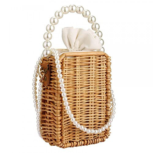 Buric Crossbody Bags for Women Beach Straw Purse Lightweight Women's Crossbody Handbags Fashion Pearl Shoulder Bag Retro Straw Handmade Bag Summer Basket Purse (Rectangle) | Amazon (US)