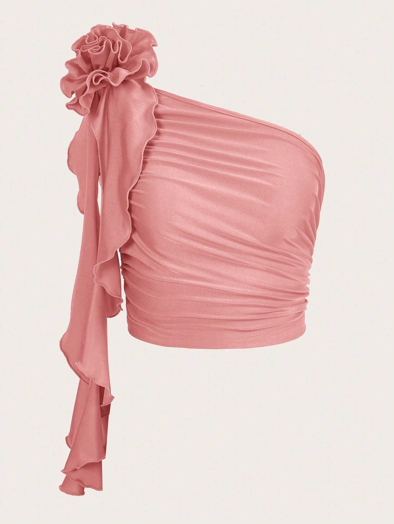 SHEIN ICON 3D Rosette One Shoulder Ruched Ruffle Trim Mesh Top | SHEIN