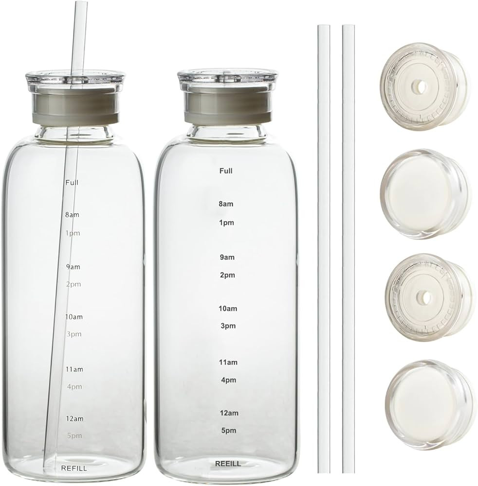 Glass water bottle With Time Marker -24oz with 2 caps and straw,Reusable Glass Drinking Bottles... | Amazon (US)