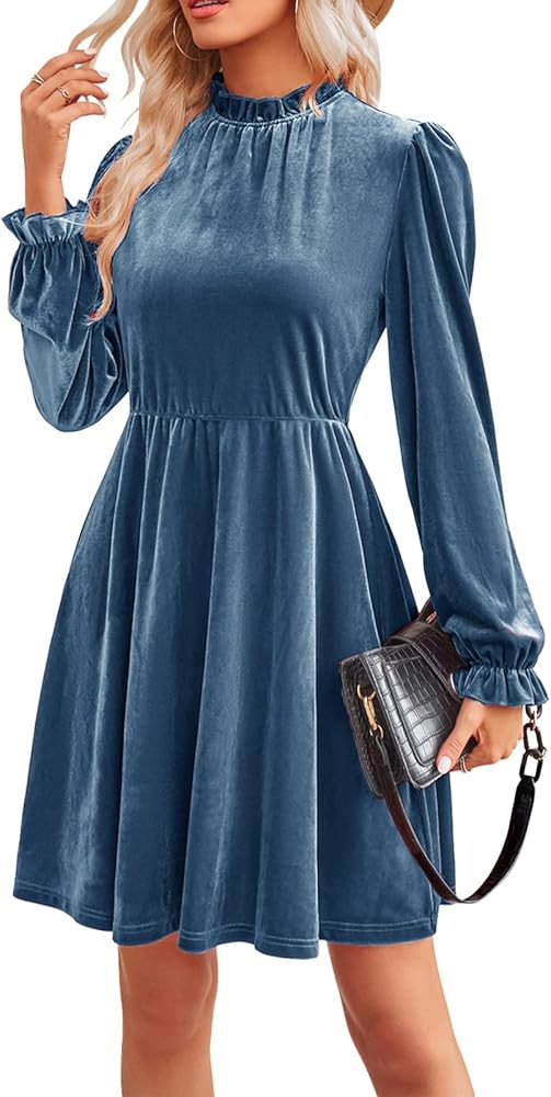 Jayscreate Women's 2023 Velvet Dress Elastic Waistline Fall Long Sleeve Wedding Guest Short Wrap ... | Amazon (US)