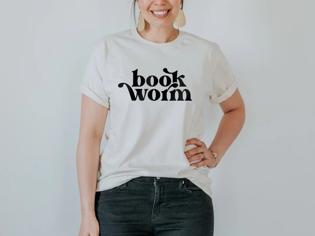 Bookworm Organic Adult Tee • Modern Graphic Tee for Literature Lovers • Natural Cream and B... | Etsy (US)