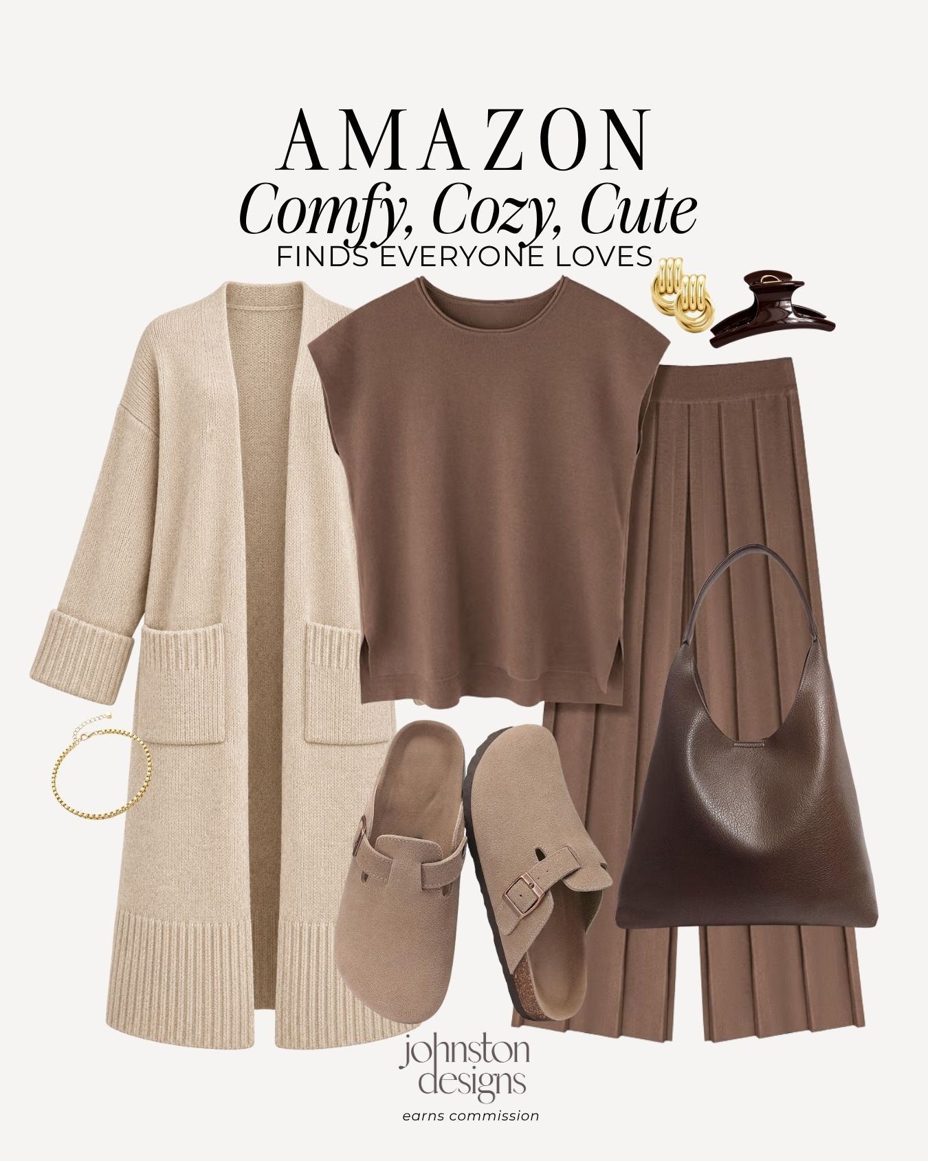 Comfy, cozy and still so cute. 🤎 This chocolate brown set with a long cream cardigan is the outfit I’d reach for on a slow fall morning. Add clogs and a roomy bag for coffee runs and errands.

Amazon cozy outfit, chocolate brown set, cream cardigan, fall loungewear, pleated pants, suede clogs, casual fall outfit 

 #amazonfashion #cozyoutfit #fallstyle #loungewear #cardiganoutfit #chocolatebrown #casualstyle #amazonfinds #outfitideas #LTKootd #LTKselfcare #LTKSeasonal
