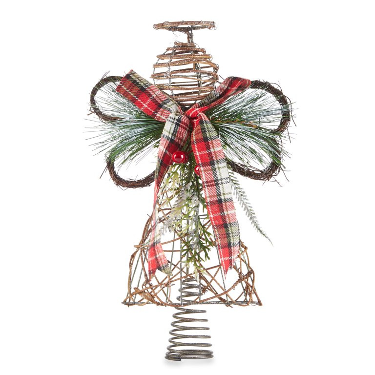 Holiday Time Natural Rattan Angel with Plaid Bow Christmas Tree Topper - Walmart.com | Walmart (US)