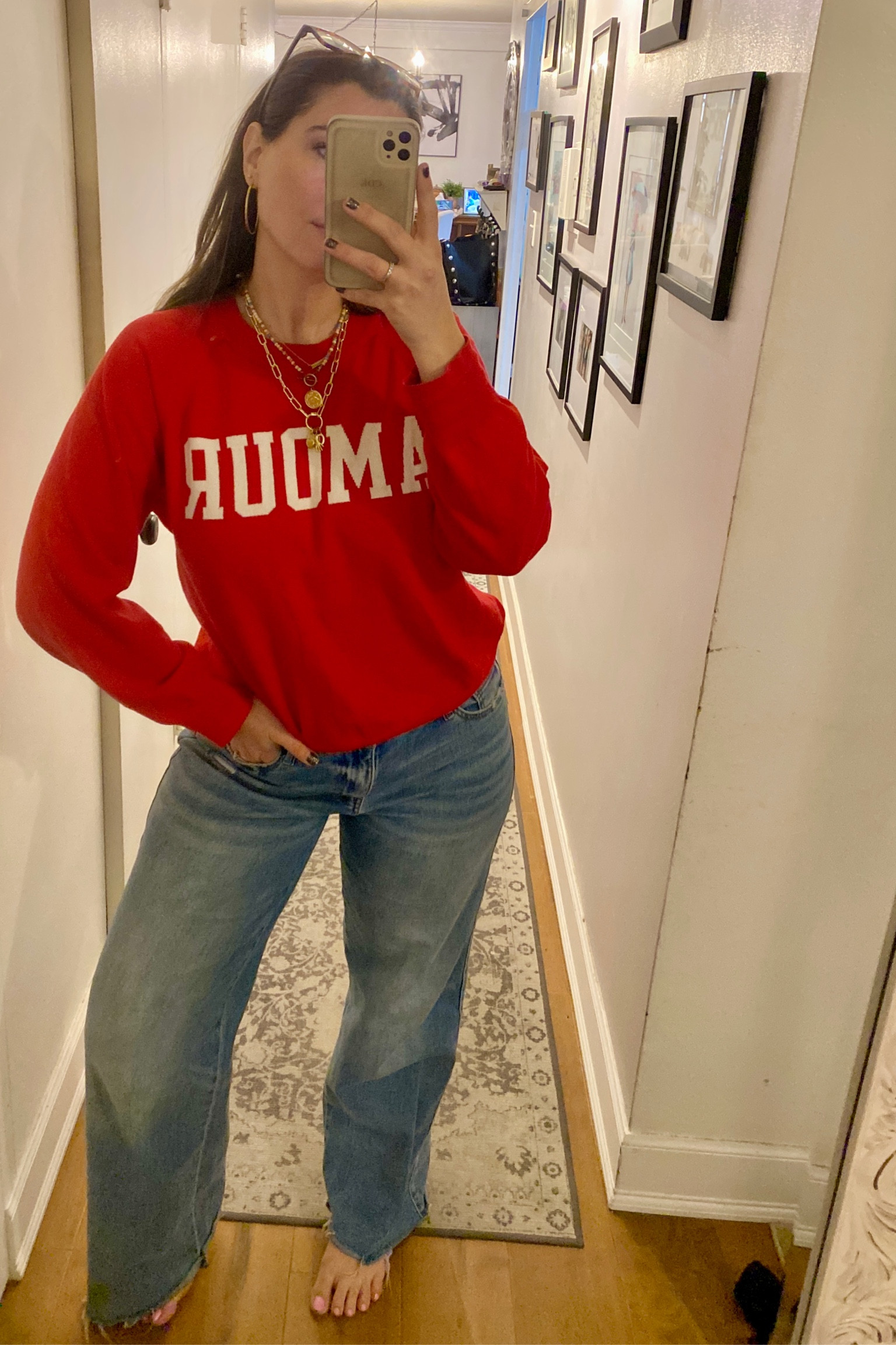 Casual Monday look. For my curvy girls - these are the most flattering baggy jeans I’ve found! That actually slim the hips a little. Super stretch and very comfy. Run big so size down; I’m in a 29. Paired with a fun sweater that would be perfect for Valentine’s Day and a gold jewelry stack w necklaces and earrings. 

Etsy, jewelry, Valentine’s Day style, red sweater, red top, valentines outfit, curvy jeans, midsize, vervet, Macys 

#LTKStyleTip #LTKMidsize #LTKFindsUnder100