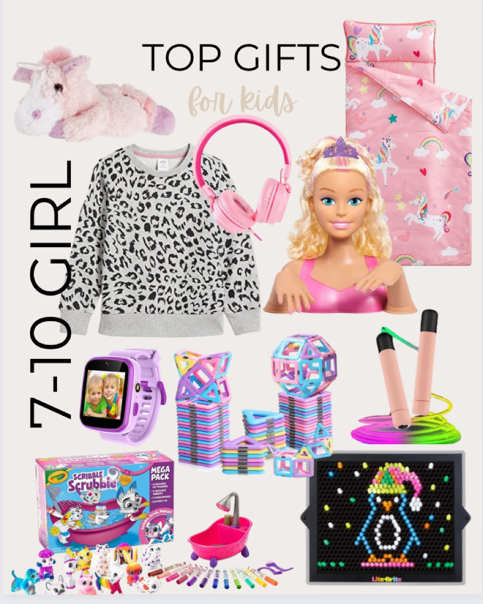 Gift guide for the 7-10 year old girl include Warmies unicorn microwaveable stuffed animal, crew neck sweatshirt, pink headphones, Barbie styling head, sleeping bag, LED lighted jump rope, light bright toy, magnetic building toy, smart watch, and Crayola scubbie pets toy.

Gift guide, gifts for kids, girl gifts, gifts for girls, toy gift, Christmas gift

#LTKunder50 #LTKkids #LTKHoliday
