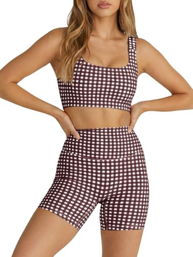 Aoysky Womens Workout Gingham 2 Piece Outfits Padded Open Back Crop Tank High Waist Sports Shorts Sets Casual Yoga Matching Sets | Amazon (US)