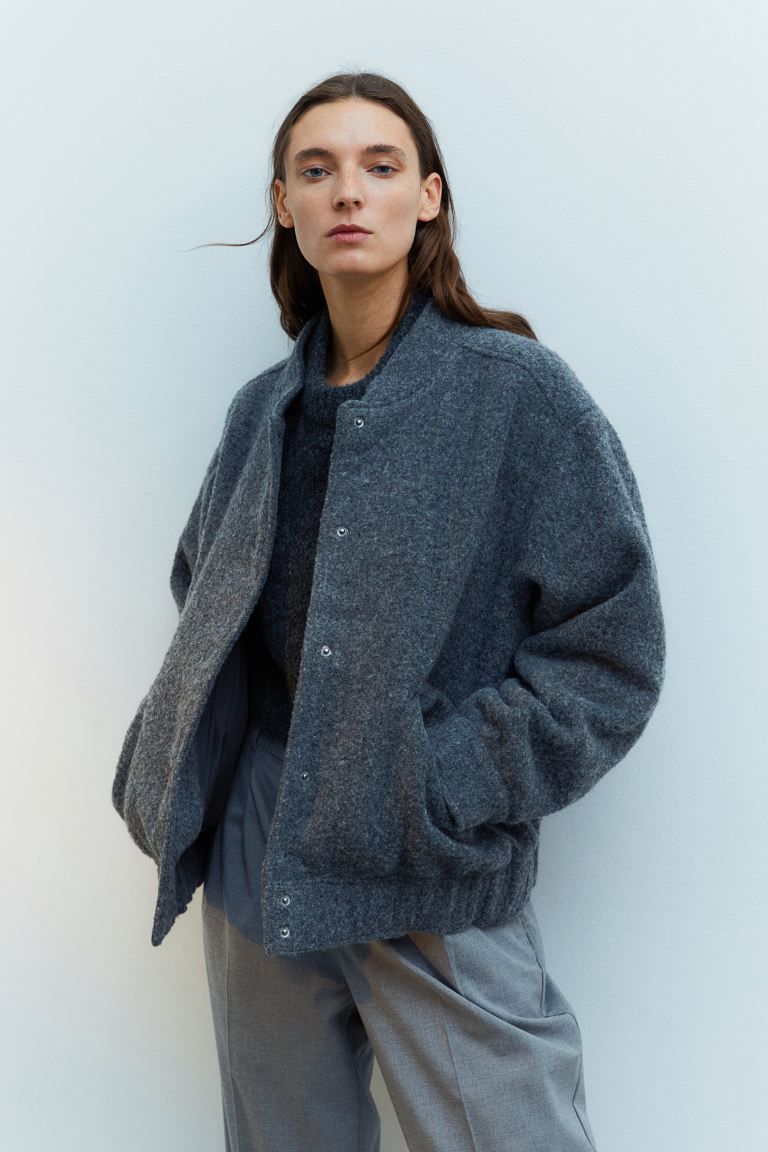 Wool-blend bomber jacket - Dark grey - Ladies | H&M GB | H&M (UK, MY, IN, SG, PH, TW, HK)