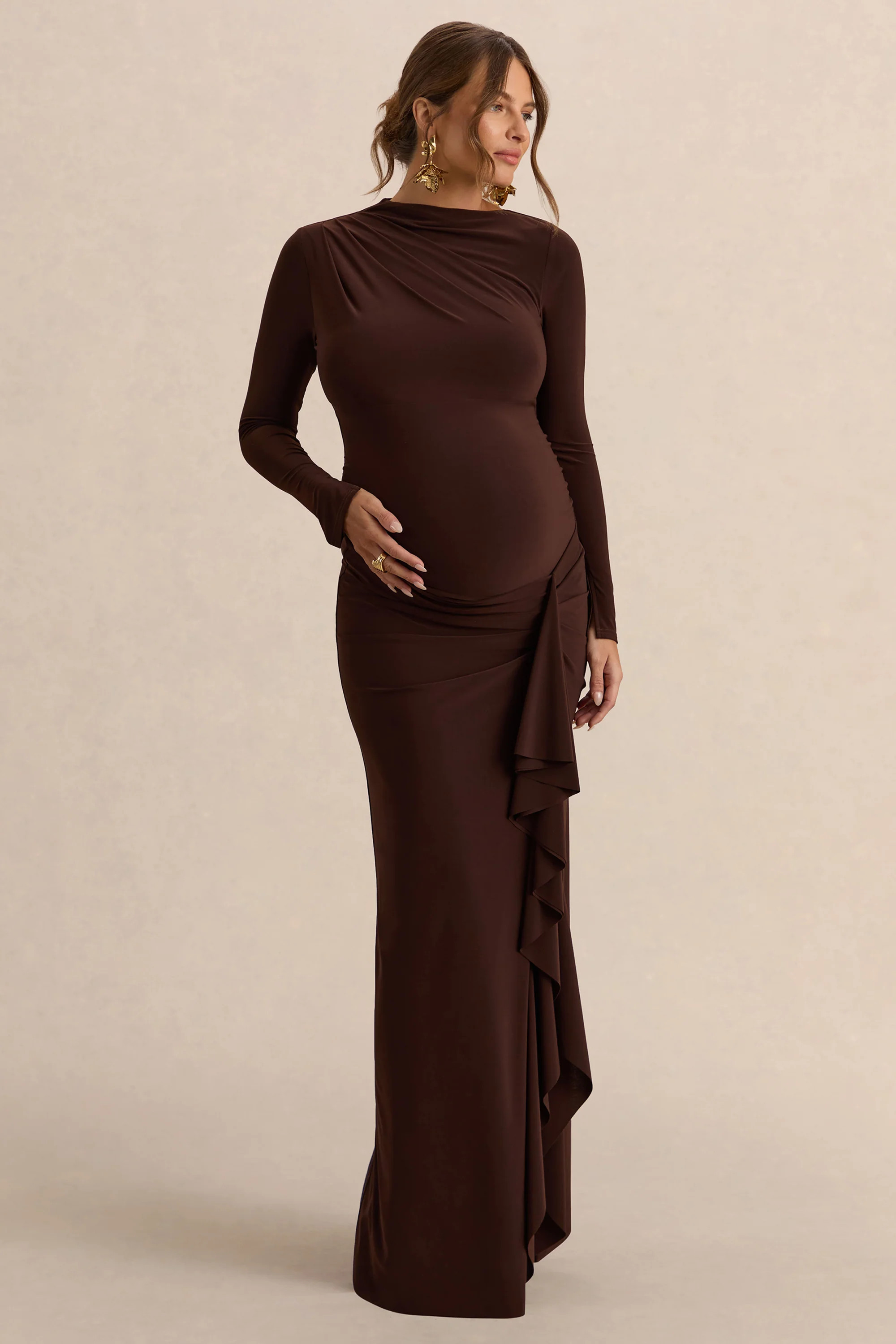 Kamira | Dark Brown Round-Neck Maternity Maxi Dress With Gathered Deta | Club L London