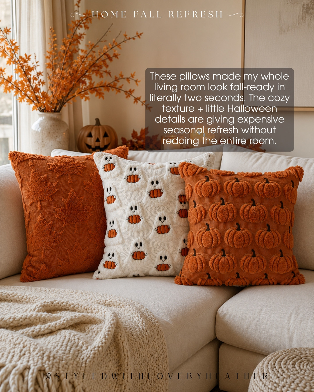 The easiest way to make a neutral sofa feel ready for spooky season. 👻🎃 These textured Halloween throw pillows add just enough pumpkin + ghost detail while still keeping everything cozy and elevated. Tap to shop the pillows! 

 #LTKdayinmylife #LTKvlog #LTKHome