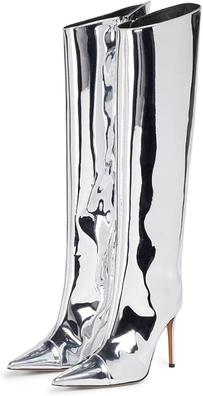 MissHeel Metallic Sexy Stiletto Wide Calf Knee High Boots with Side Zipper | Amazon (US)