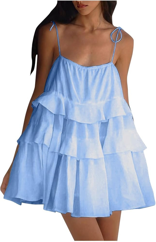Fanteecy Flowy Short Mini Sundress for Women Spaghetti Strap Swing Babydoll Dresses Going Out Tie... | Amazon (US)