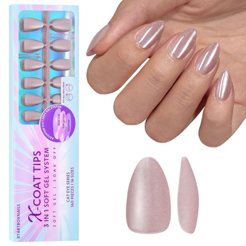 BTArtboxnails Cat Eye XCOATTIPS - Soft Gel Almond Nail Tips, Glitter Press On Nails Short, Soak Off Acrylic Fake Nails Glue On Nails In 16 Sizes - 160 Nail Extension Set, Falling Star | Amazon (US)