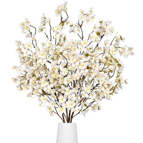 Waipfaru 4 Pcs Cherry Blossom Branches, 40'' Faux Cherry Blossom Tree Stems Decor, Long Stem Artificial Flowers for Tall Vase, Fake Flowers for Spring Home Indoor Outdoor Decoration (White) | Amazon (US)
