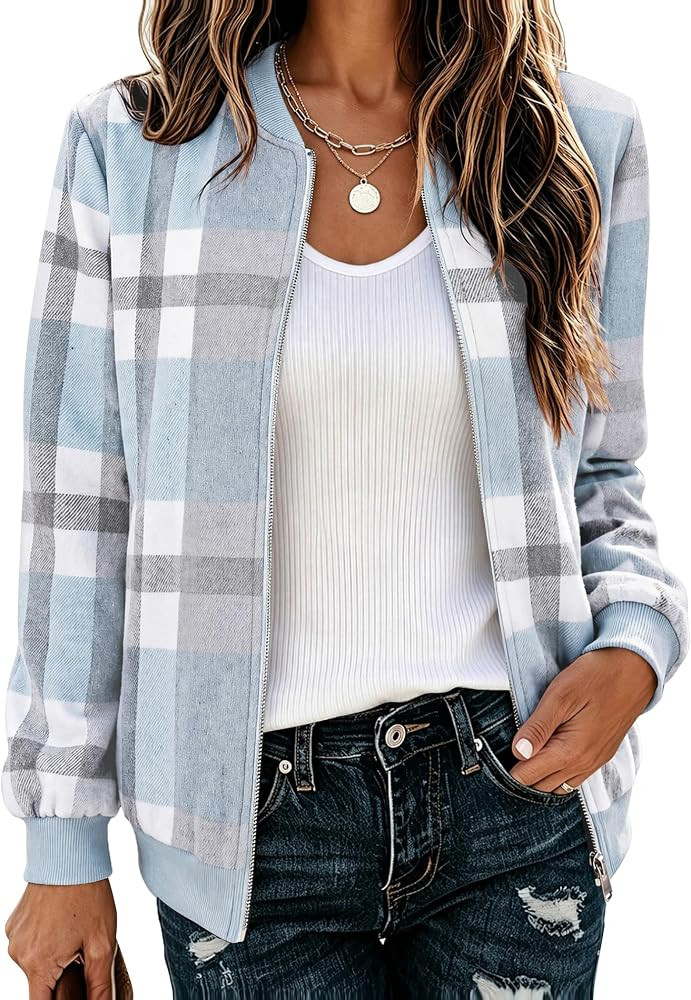 Zeagoo Jackets for Women 2026 Lightweight Bomber Jacket Plaid Flannel Coat | Amazon (US)