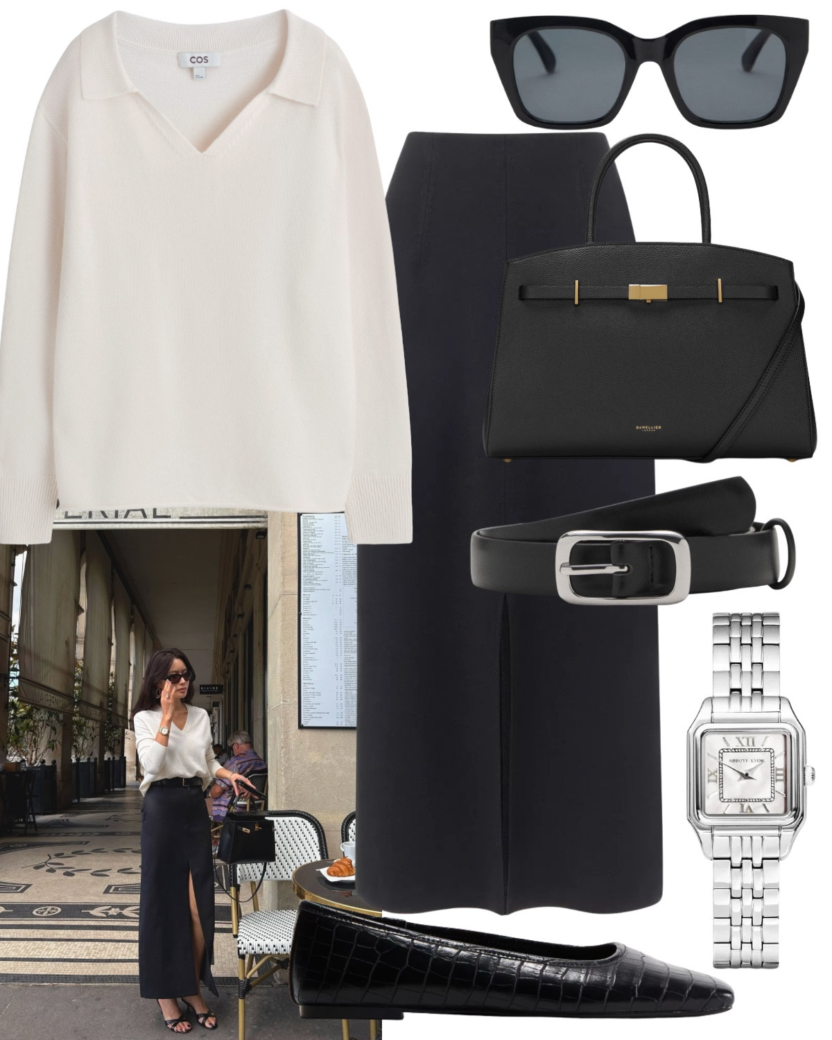 Cream collared v neck jumper, black pencil skirt, top handle handbag, silver chain watch, silver belt, black square sunglasses, croc effect flat shoes

#LTKstyletip #LTKautumn #LTKbag