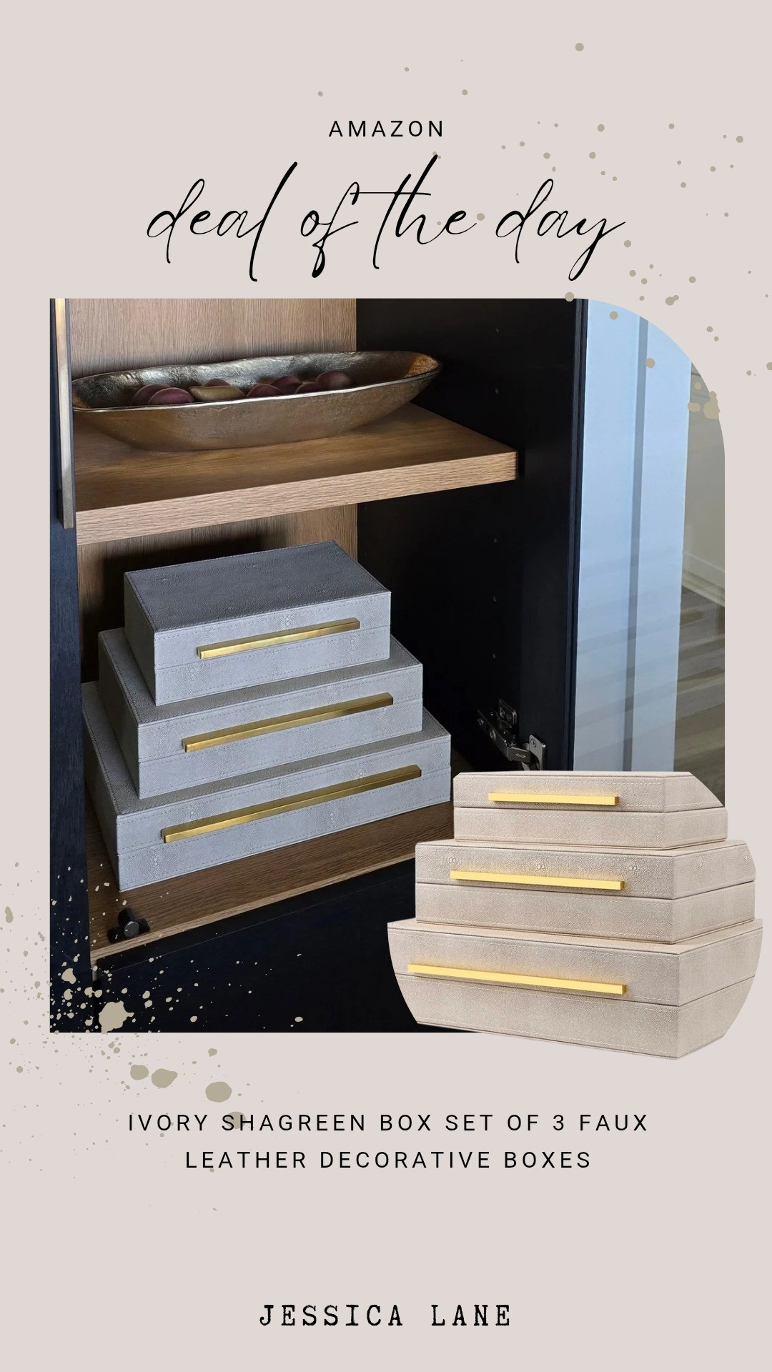 Set of three decorative storage boxes in ivory shagreen faux leather. Textured finish with gold hardware details for elevated shelf styling.#HomeStyling #Shelfie #DecorativeBoxes #Shagreen #AmazonHomeDecor

#LTKSaleAlert #LTKSpringSale #LTKHome