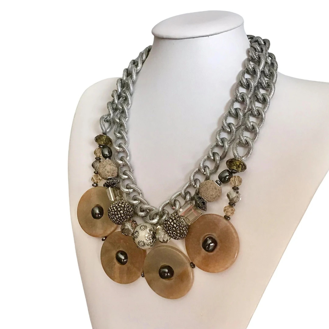 Multi Strand Agate Necklace: Silver Chain, Beige Crystals, Handmade | Etsy (US)