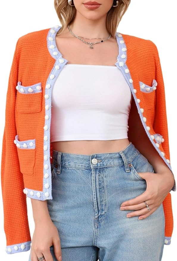 Cropped Cardigan for Women Open Front Jackie O Sweater Jacket Button Down Fall Chunky Knit Coats | Amazon (US)